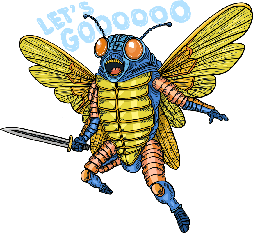 Colorful illustrated sticker featuring a blue and yellow cicada insect holding a sword and yelling.