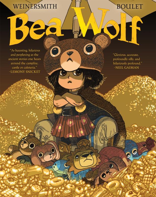 a small child in a bear costume, surrounded by gold and stuffed animals
