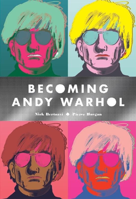 polyptych of headshots of Warhol in a block color variation