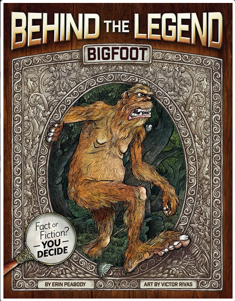 Illustration of bigfoot stepping  out of an embellished cover design beneath the title's text.