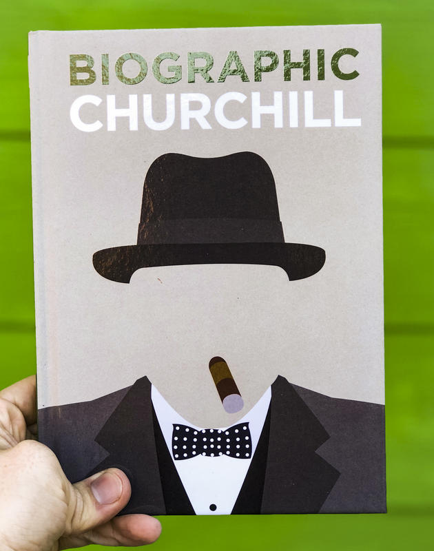 An outline of Churchill, his suit, hat, and cigar can be seen.