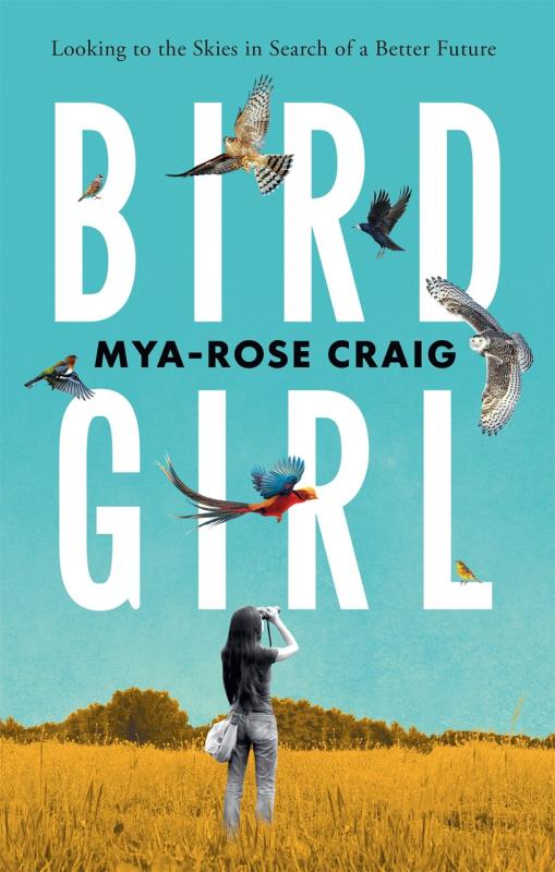 black and white person in a colorful field under a blue sky, with binoculars looking at the birds above around the title text