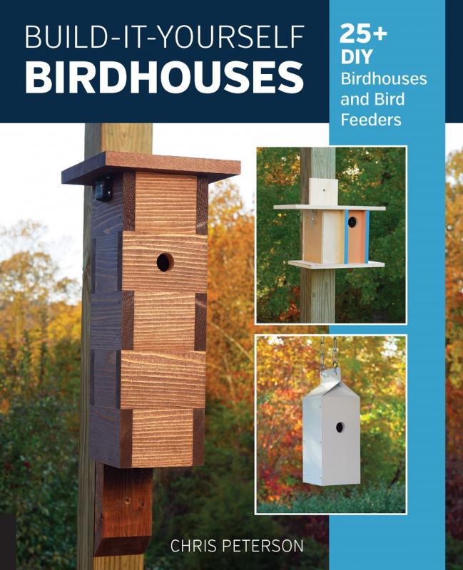 Color photos of 3 creative birdhouses located in a landscape of fall foliage