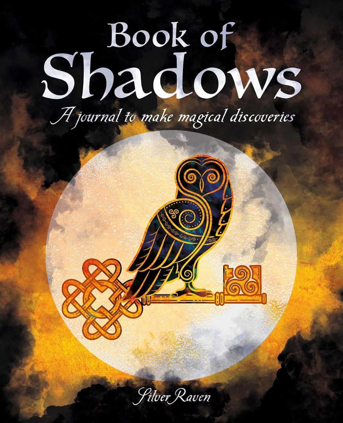 Ornate, hieroglyphic owl perched on a key over a white opaque circled over a broken cloudy black and yellow gradient background
