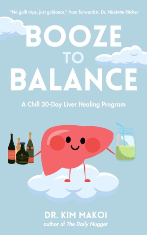 happy liver on a cloud balancing drinks, in the sky blue with more clouds