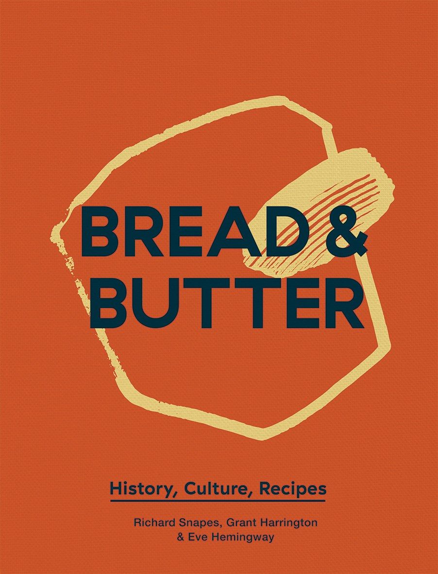 red background with bread outline with a butter stick in line art with black info text superposed