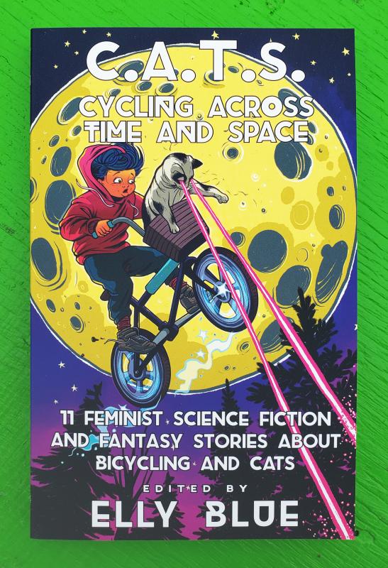  a kid on a bike rides across the full moon with a cat in the front basket shooting laser beams from their eyes