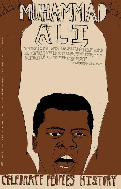 an illustration of Muhammad Ali with his arms raised over his head