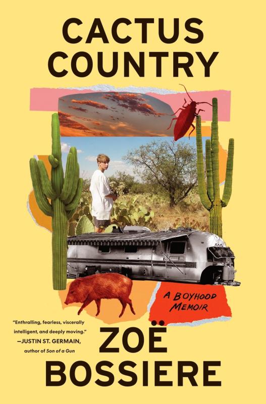 Collage of images-- a person standing among the cacti and saguaros and a trailer and boar over a yellow background