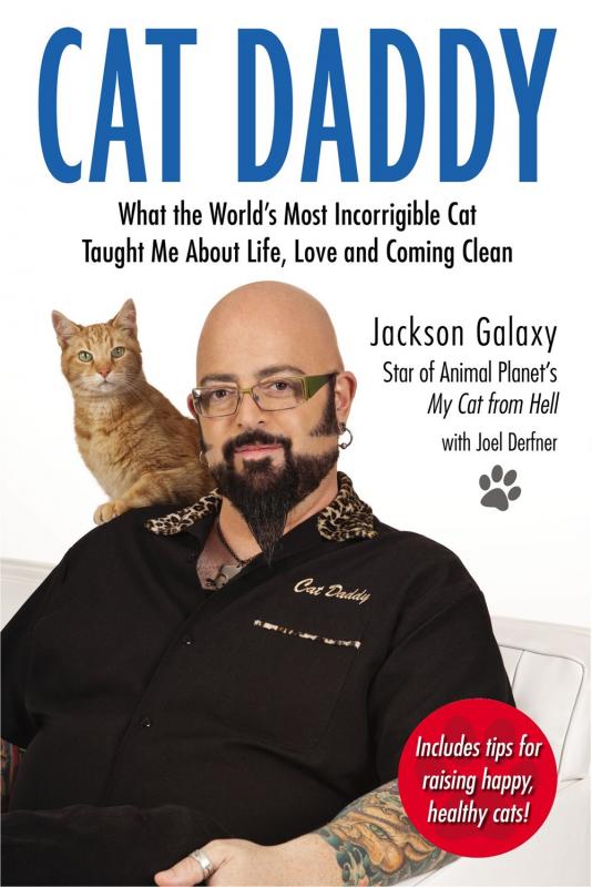 A bald man with a goatee, wearing a black polo with leopard print collar and the name "Cat Daddy" embroidered on the front, looks into the camera while an orange cat perches on his shoulder