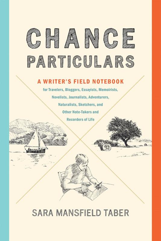 an x dividing the beige background into 4 sections-- text, an image of a writer, a boat on a lake, and a tree