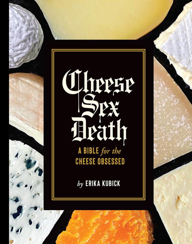 Colorful and geometrically arranged cheeses over a black background with a black rectangle containing the info text