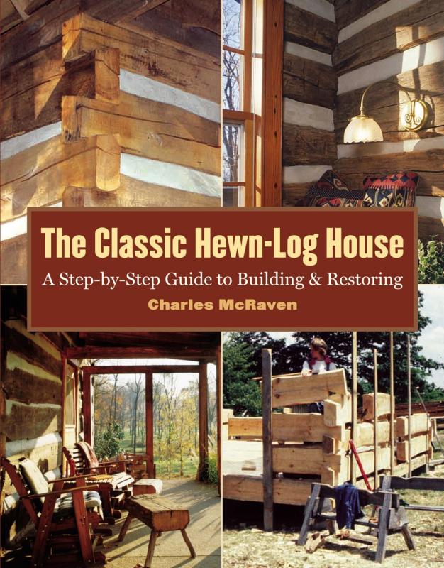 four pictures of a log house and lumber