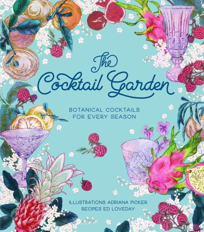 glasses around flowers and botanicals and a over a light blue background