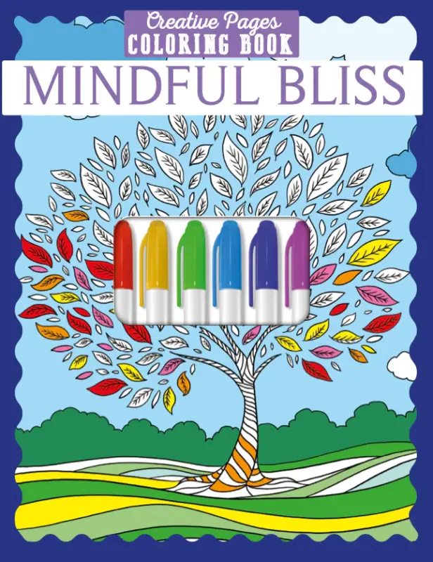 Tree with partially colored in foliage with line layer landscape under it over a blue sky, with a cut-out displaying some markers
