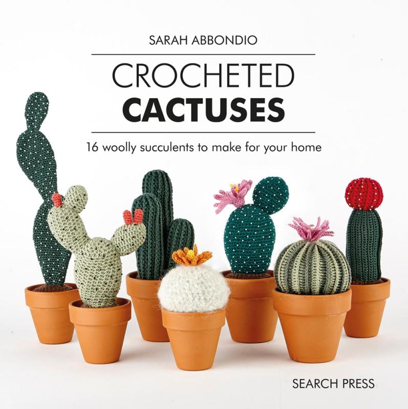 yarn cacti over a white background with black info text at the top