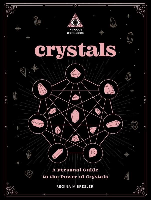 crystals and geometric figure in pink over a black background with more line art crystals around