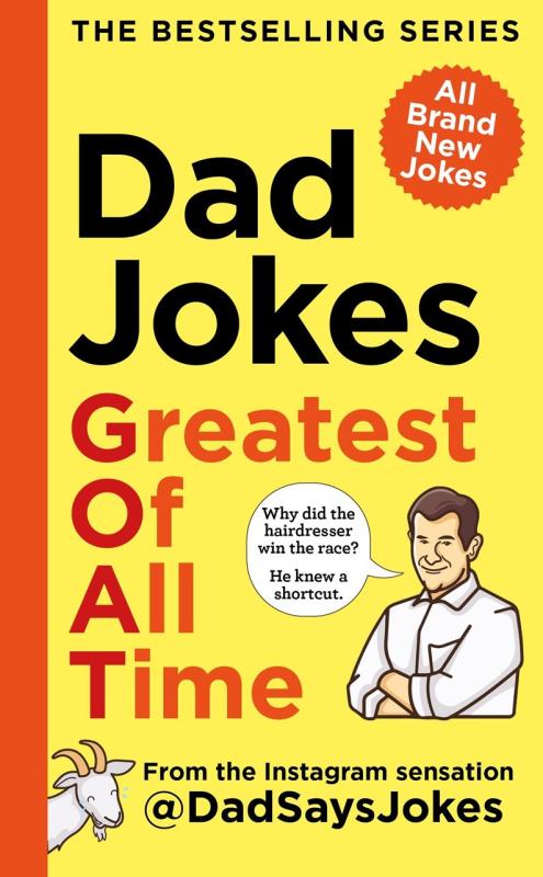 Yellow background with a man crossing his arms with a text bubble with a joke and a goat in the corner