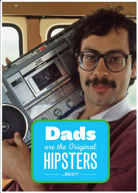 Photo of a dad with glasses and a mustache holding a stereo. Title is white and in a blue box.