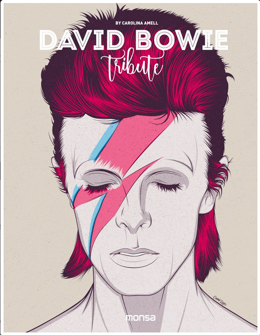 Drawing of David Bowie with mullet, red hair, and the pink and blue lightning bolt across his face. Text is white.