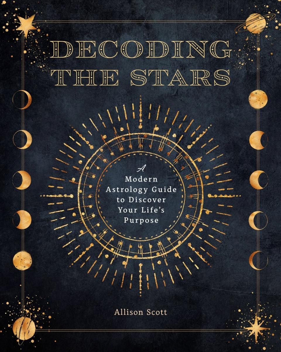astrological chart and moon stages in gold over a dark background