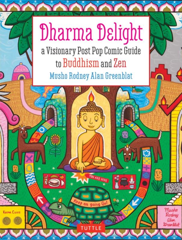 Buddha sitting in a tree, amongst some animals in a picturesque scene, surrounded with symbols