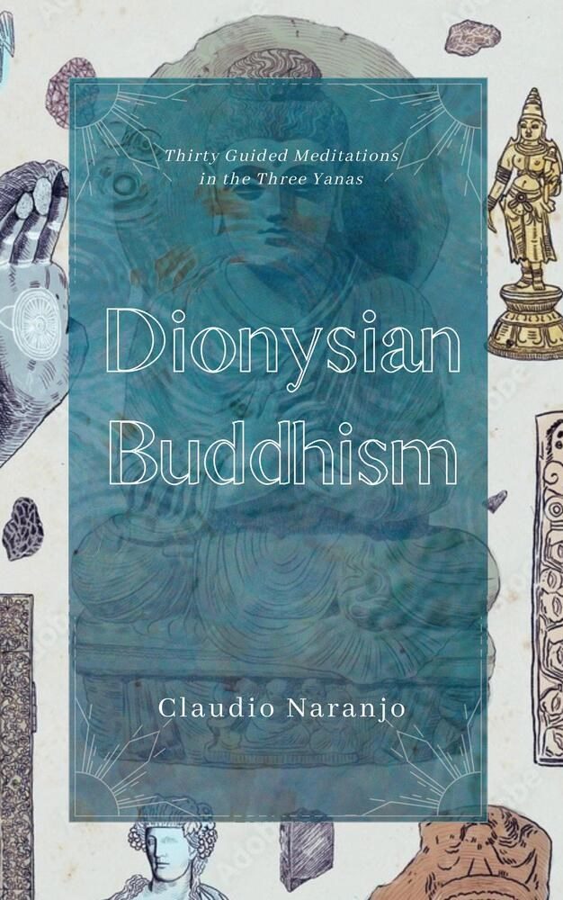 stone Buddha with a opaque overlay containing the info text surrounded by buddhist motifs 