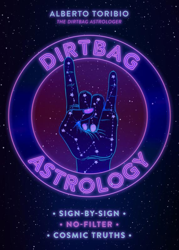 Neon and constellation art motif style, there a starry black background with a circle containing the info text and a rock-on hand sign in the center