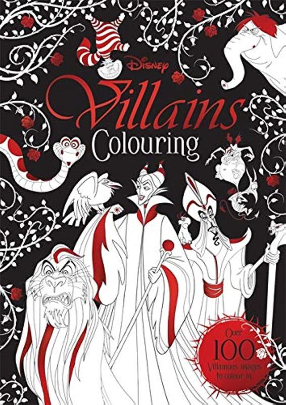 Partially colored in red of line art of Disney Villains, including a horned Maleficent, Jaffar, a python, a Cheshire Cat, and more