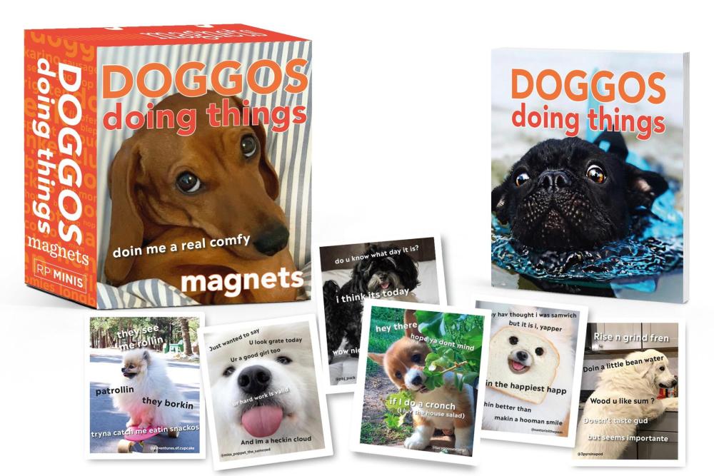 Sample box, booklet, and five square magnets featuring pictures of cute doggos and memes of them