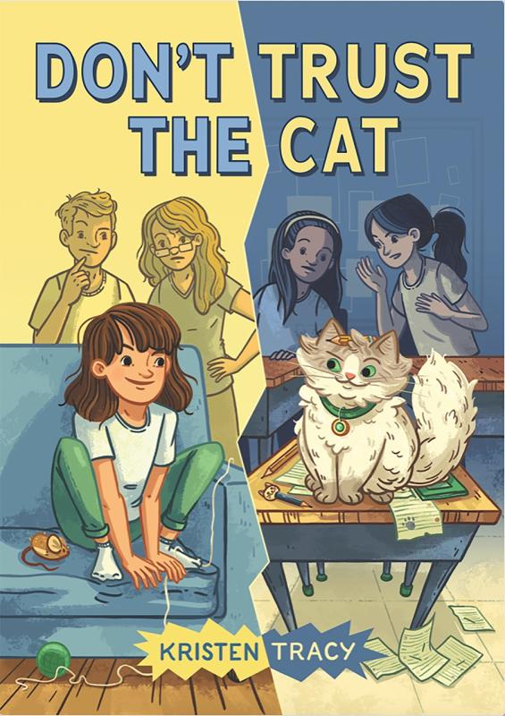 two sectioned picture, one with a kid perched on a couch, the other with a cat perched on a table, both with two people looking at them