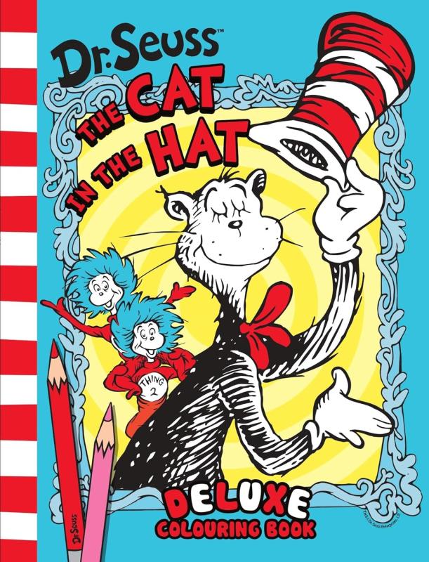 Cover featuring a framed picture of the Cat in the Hat along with the humanoid Thing 1 and Thing 2 characters with a spine patterning of white and red stripes 