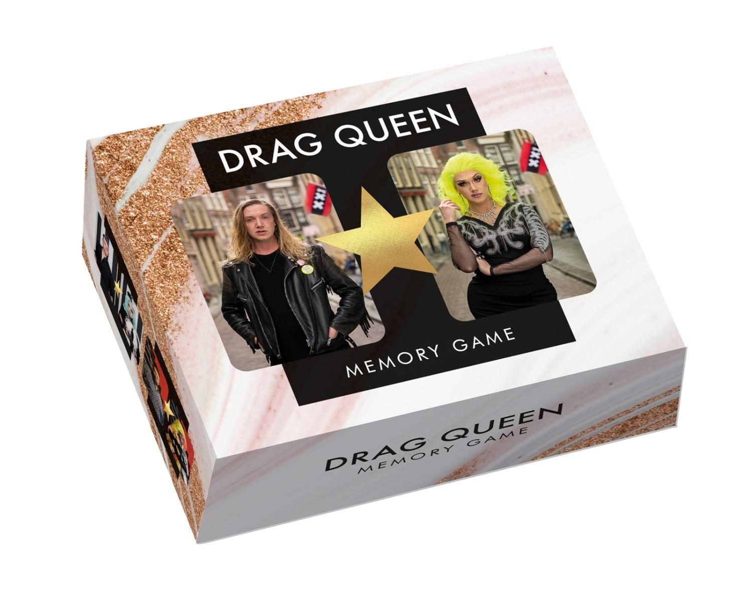 sample box with a before and after photos of a drag queen over a white background