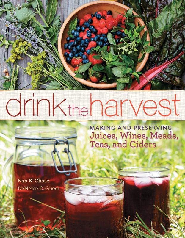 Two photos; the bottom containing two glasses with ice and a lidded jar, all containing red liquid over a grassy green background. The top image contains a bowl of berries and herbs surrounded by more botanicals