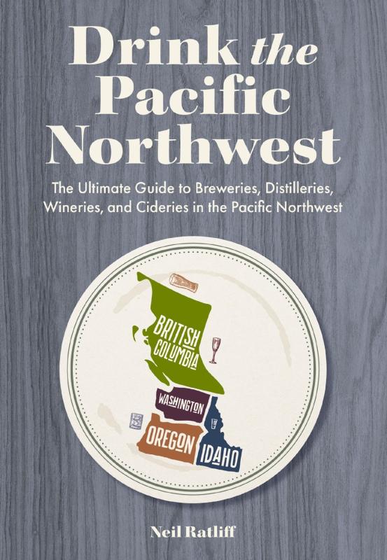 gray wood grain background with a white circle containing a map of the PNW with drink motifs