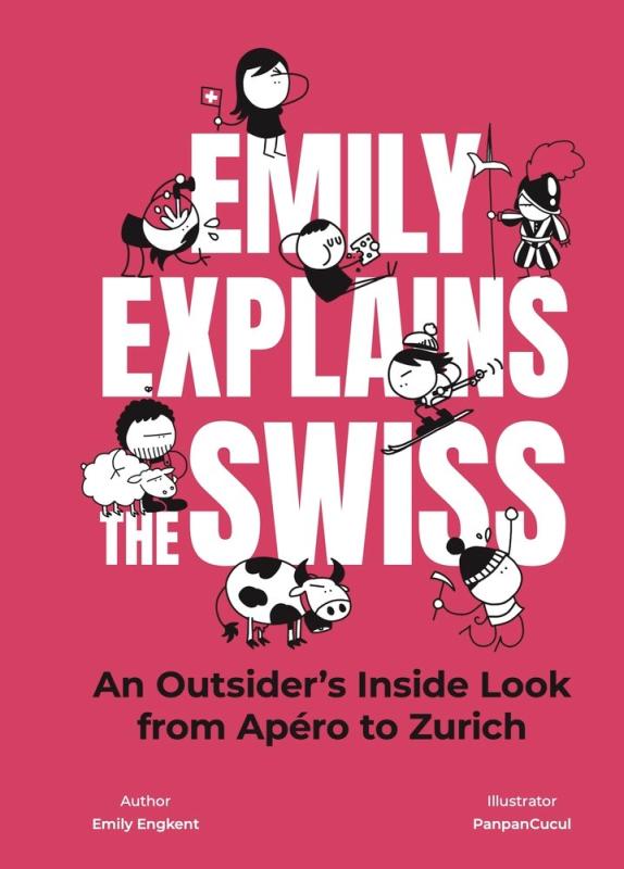 Book cover with black and white stick figures climbing on large white block title text over a pinkish red background.