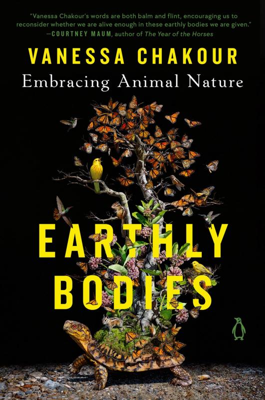 tree emerges from the shell of a turtle, with many perched birds and butterflies