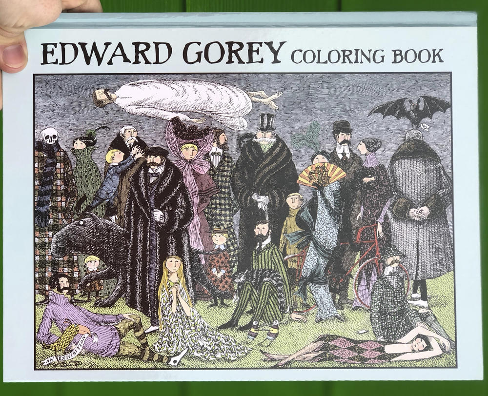 An Edward Gorey Illustration of rich people standing in a dim yard.