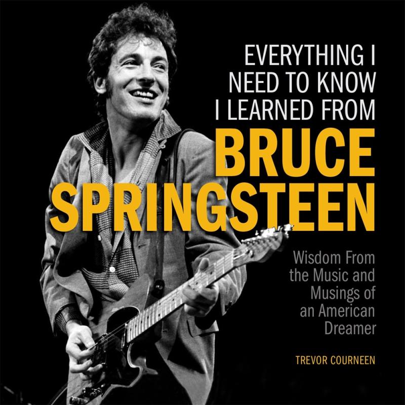 black and white photo of Bruce Springsteen, over black with yellow text