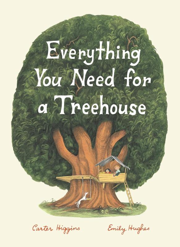 Kids hanging out in a treehouse and the branches, with a doggo on the ground
