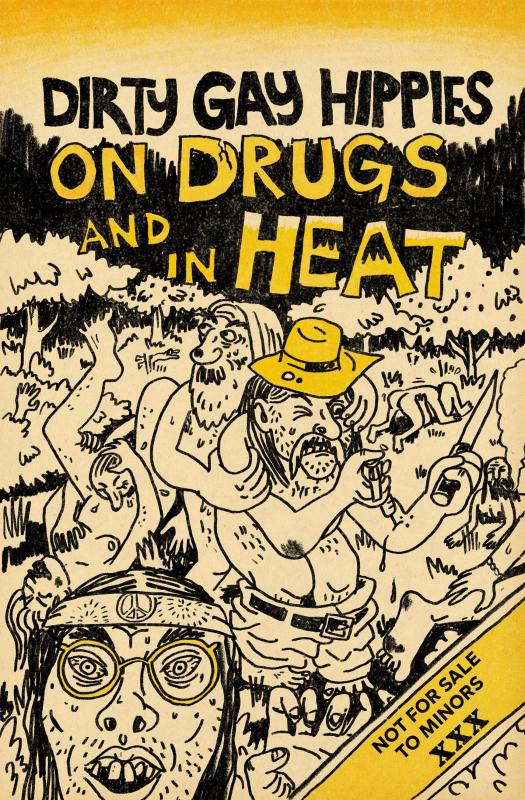 a riotous illustrated scene, with numerous people having sex, doing drugs, and wielding weapons