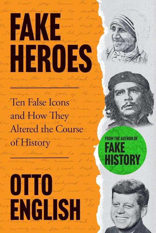 skeuomorphic rip dividing the cover with portraits of mother Teresa, Che Guevara, and JFK on the right; text on the left