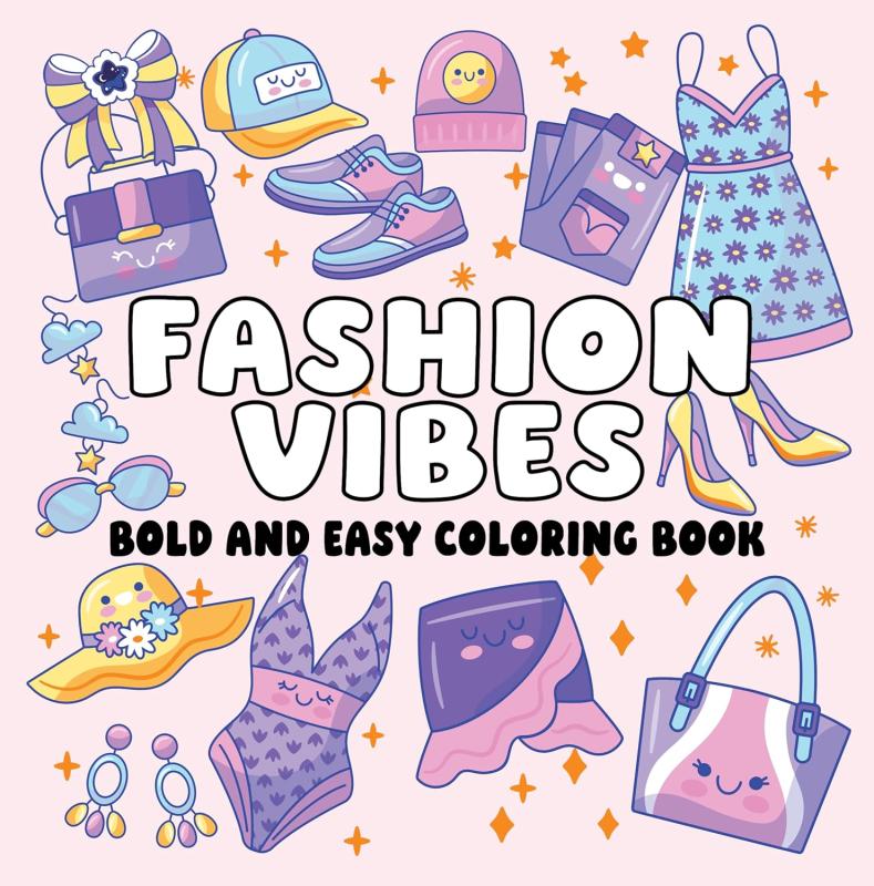 Cartoon images of clothing and fashion accessories, some with cute smiles, around sparkles over a light pink background
