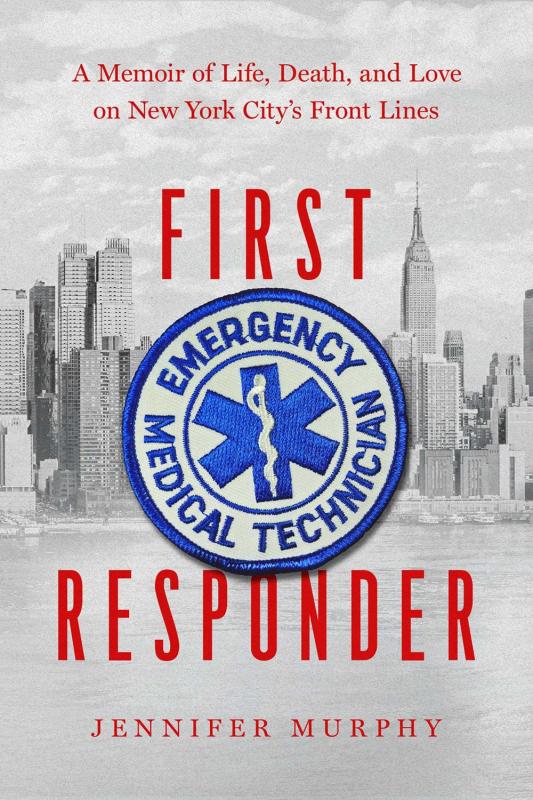 A black and white photo of the NYC skyline in the background. The foreground is the title in red print and a blue first responders badge. 