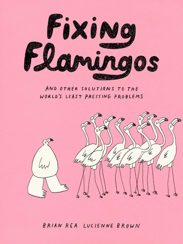 background of pink with black text, featuring a line of skinny flamingos with a larger one on the left
