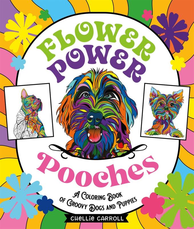 Wavy color motif with colorful pictures of dogs -- including two partially colored samples of what the line art inside the book looks like