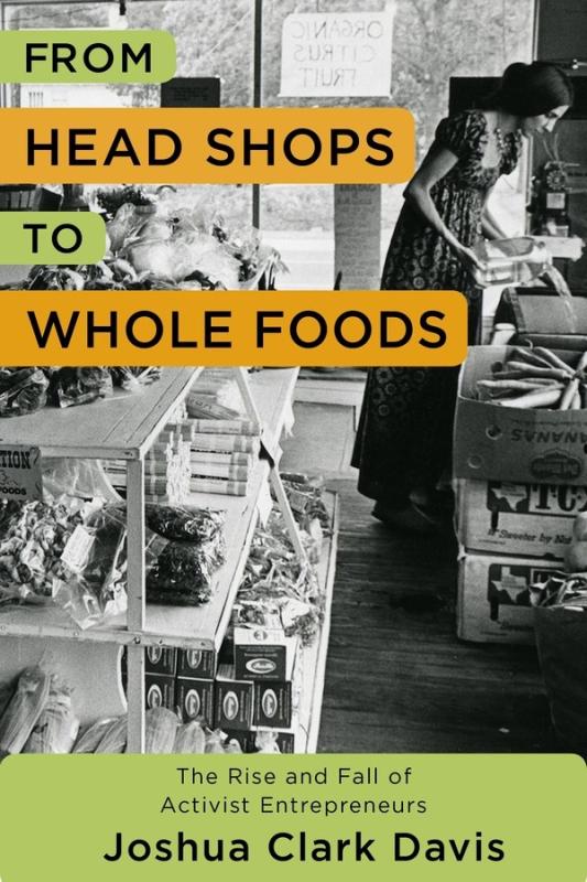 black and white photograph of a market, with a person watering something, with sage accents with info text