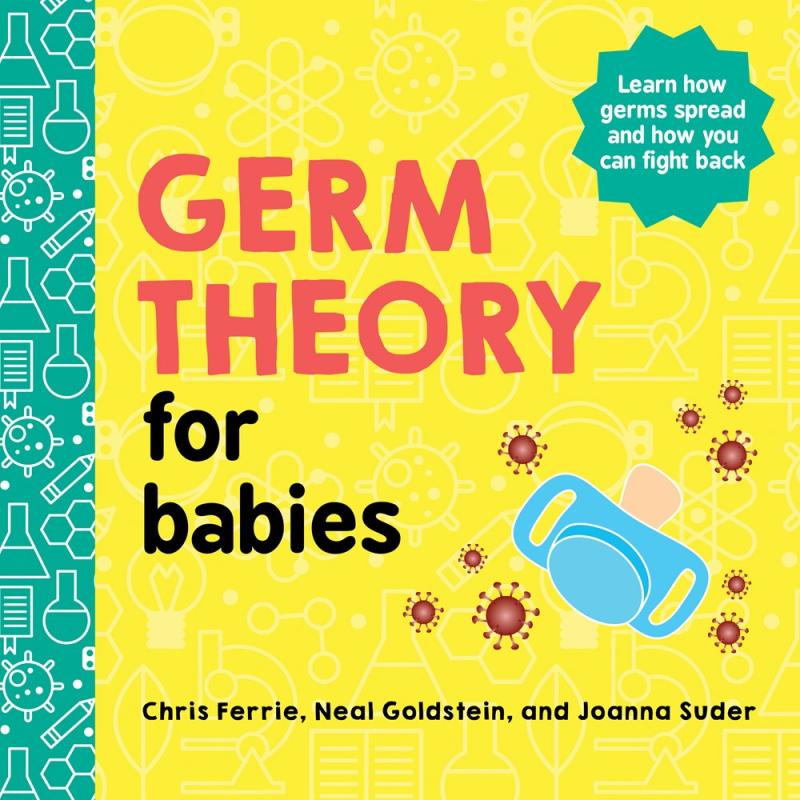 pacifier among germ shapes over yellow