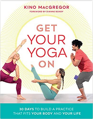 Photo of three people in various yoga positions. Red text is surrounded by a halo of yellow.