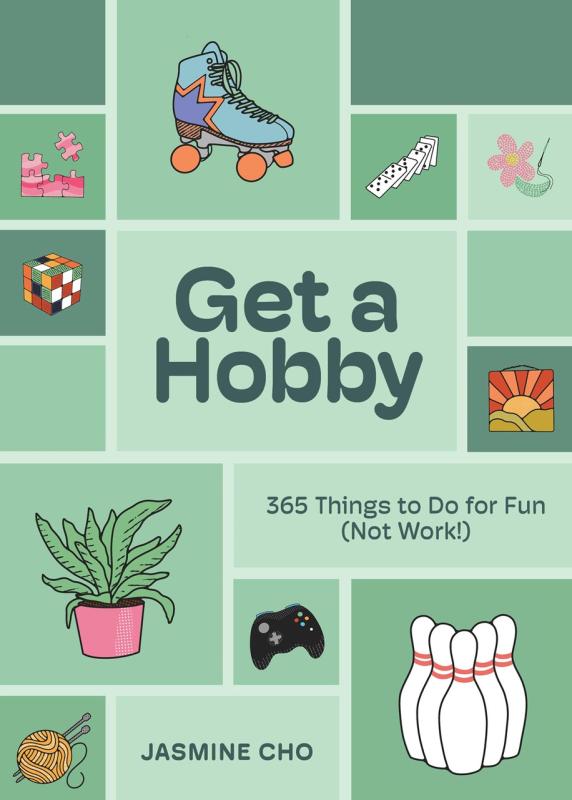 different objects such as bowling pins, a skate, a controller, and more oddities representing hobbies